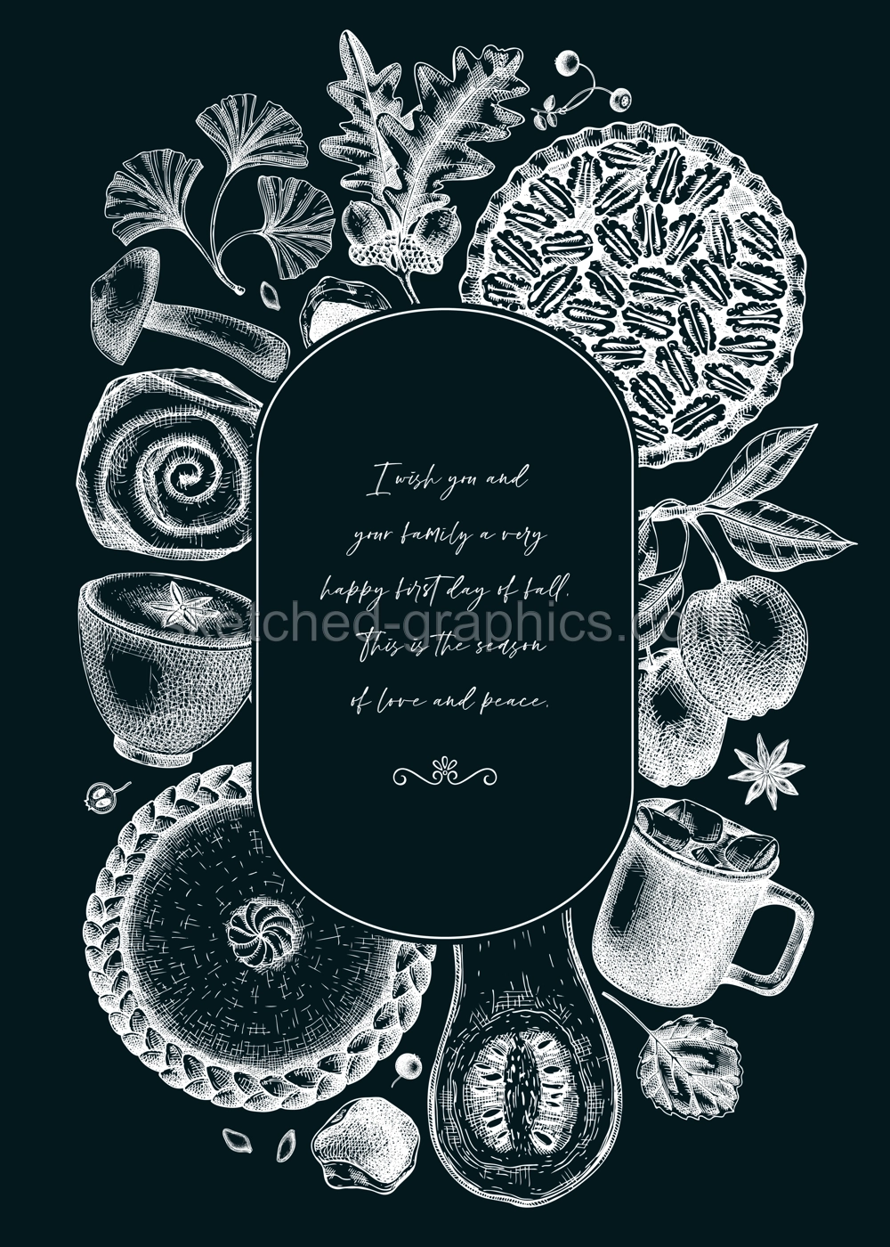 Autumn frame design template. Hand-drawn vector illustration. Pumpkin, hot drink, fruit, pie, vegetables, pastry, fall leaves sketches. Harvest banner on chalkboard. Thanksgiving background Illustration
